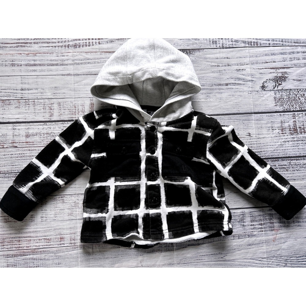 Little‎ Bipsy Hooded Button Down Kids Black White Grid French Terry 12-18M